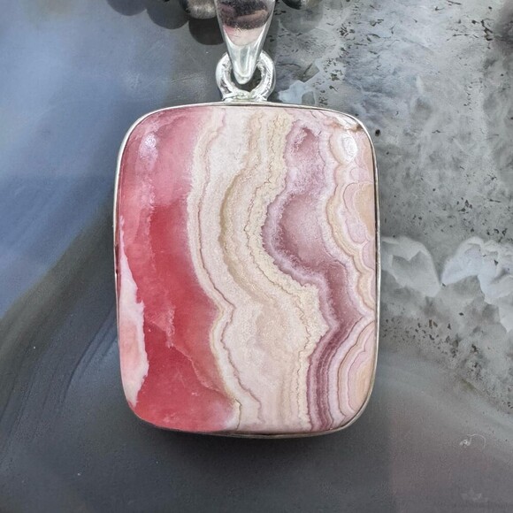 Sterling Silver Southwestern Style Rectangle Rhodochrosite Pendant For Women - Picture 6 of 10